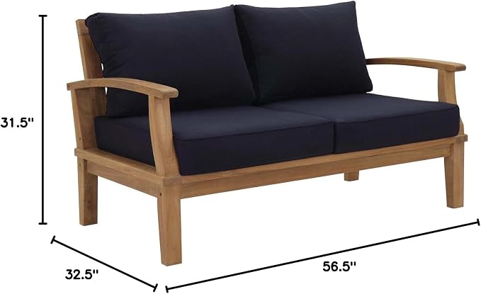 Modway Marina Outdoor Patio Teak Loveseat in Natural Navy