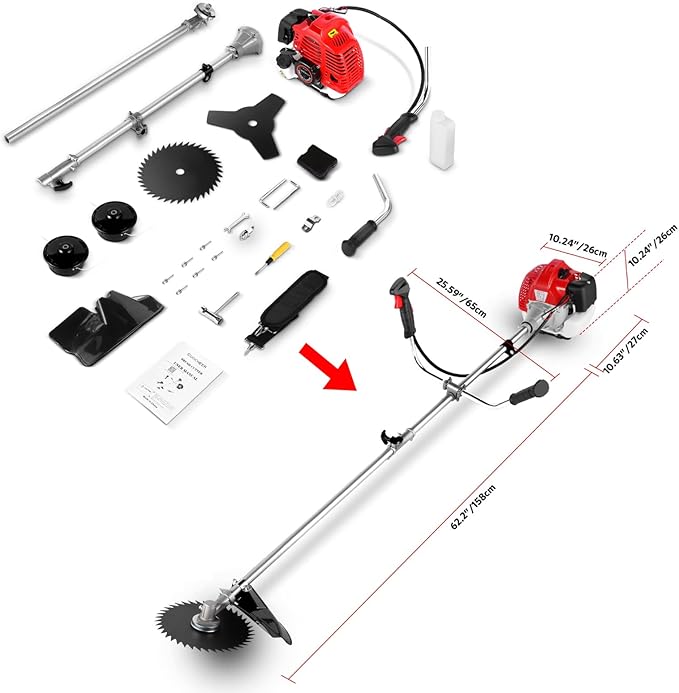 COOCHEER 58cc 2-Cycle Gas Brush Cutter – 4-in-1 Weed Wacker with 18" Cutting Path & Straight Shaft, 4 Detachable Heads for Lawn, Garden, Farm & Yard Work