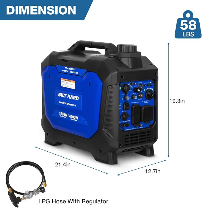 BILT HARD Ultra-Quiet 4500W Inverter Generator, Dual Fuel (Gas/Propane) with CO Sensor, 4-Cycle RV Ready & Parallel Capable for Home Backup and Camping