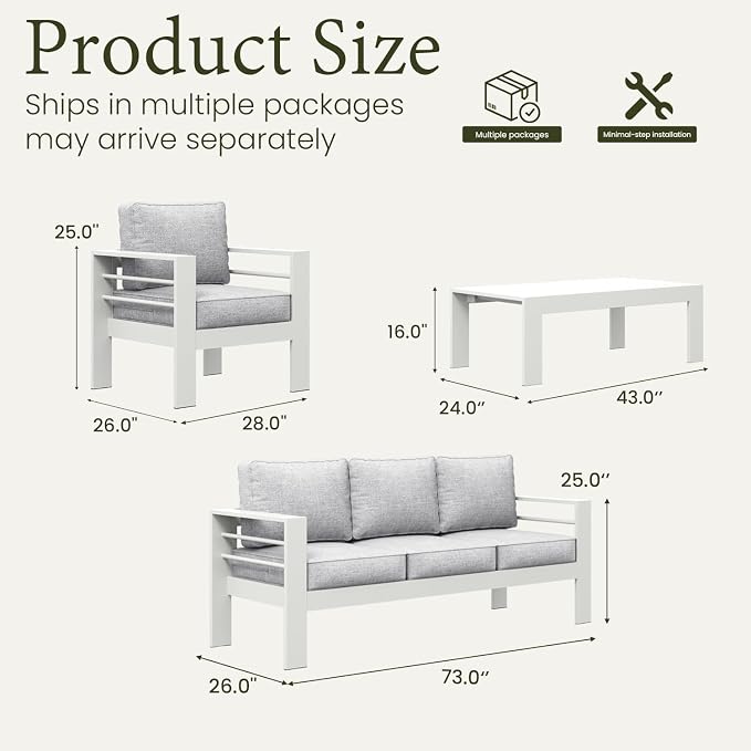LayinSun Outdoor Aluminum Furniture Set, 4 Pieces Patio Sectional Conversation Chat Sofa Modern Seating Set with Coffee Table