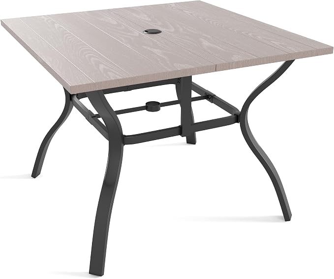 5 Pieces of Outdoor Dining Set - Square Patio Table with Umbrella Hole and 4 Stackable Dining Chairs All-Weather for Garden, Deck, and Poolside (Natural, 38“L x 38“W x 28"H Square Dining Table)