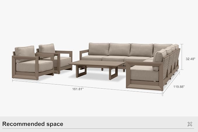 PURPLE LEAF Patio Furniture Set Open-End Outdoor Couch with 9.6" Thick Cushion and Soft Pillows 10 Piece Outdoor Sectional Sofas with Table Modern Outdoor Conversation Sets for Yard Porch Deck, Khaki