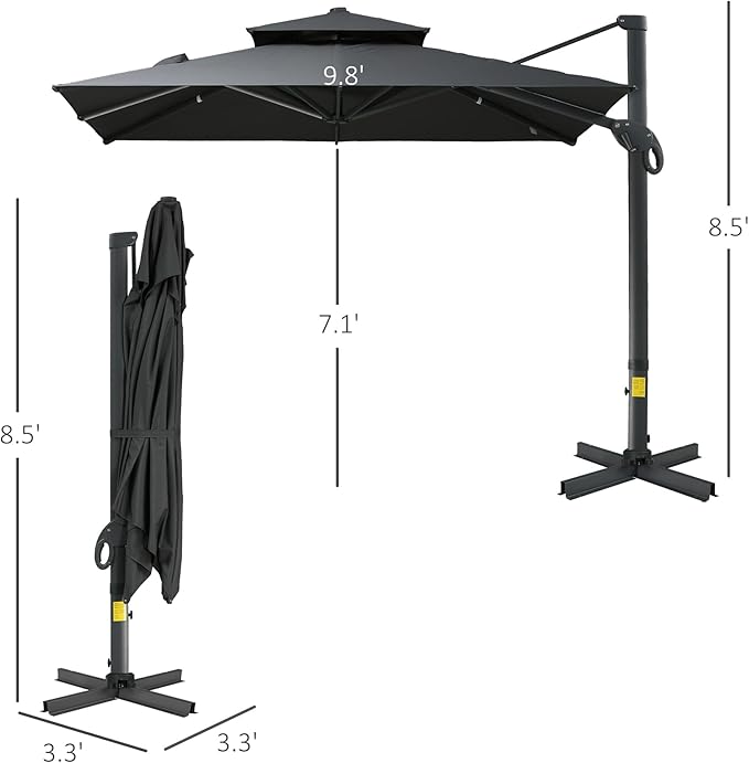 10ft Offset Patio Umbrella, Hanging Cantilever Umbrella, Square Shape, Aluminum Cross Base, Tilt, 360-Degree Rotation, Gray