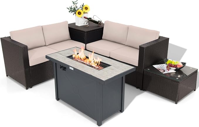 COSTWAY 5 Piece Patio Furniture Set with 42'' Fire Pit Table, Outdoor Wicker Rattan Loveseat Sofa with 4'' Thickened Cushions, 2 Side Tables, Sectional Conversation Set for Backyard (Beige)