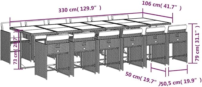 13 Piece Patio Dining Set with Cushions Black Poly Rattan Outdoor Table and 12 Folding Chairs for Garden Backyard Relaxing Space-Saving UV-Proof Tempered Glass