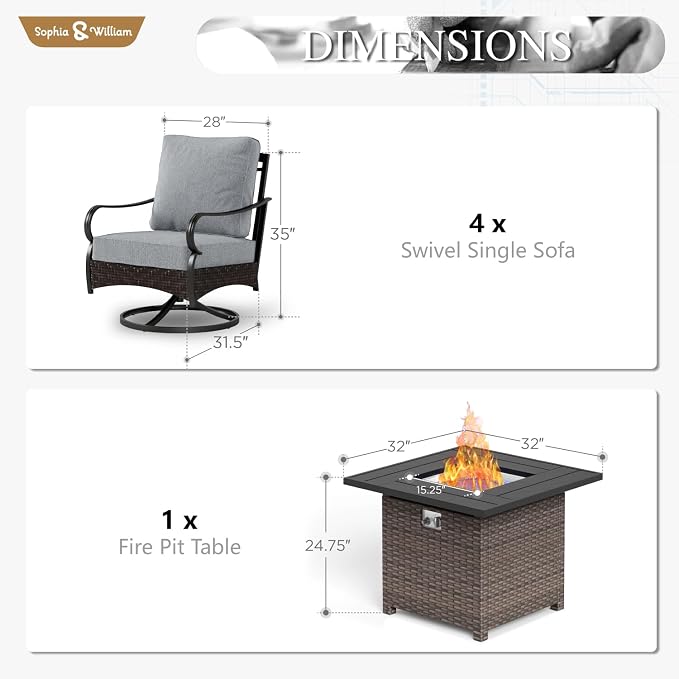 Sophia & William Patio Furniture Set with Fire Pit Table, 5 PCS Metal Outdoor Conversation Set Sofa Couch with Fire Pit Table, 4 Swivel Chairs for Outdoor Seating, Backyard, Porch(Grey)