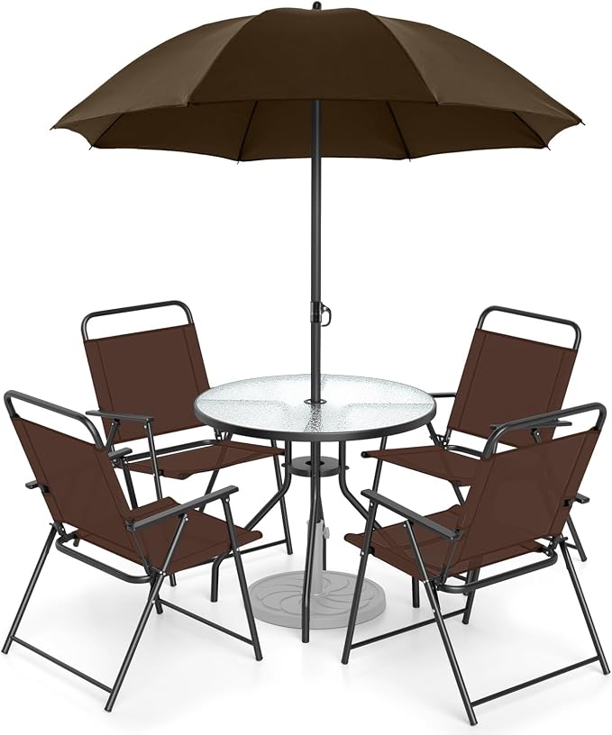 Tangkula 6 Pieces Folding Patio Dining Set, 4 Chairs and 31.5 inches Round Table, Patio Umbrella Included, for Indoor Outdoor Poolside or Balcony (Brown)