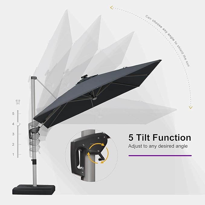 PURPLE LEAF Patio Umbrella with base 10 Feet Outdoor Square Cantilever Umbrella Solar Powered LED with 360-degree Rotation for Garden Deck Pool Patio, Grey
