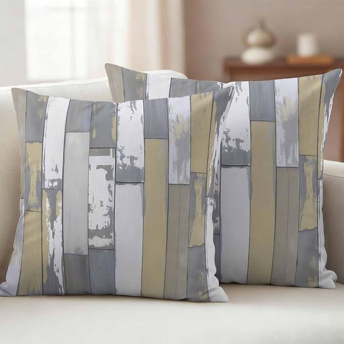 Yellow Gray Outdoor Pillow Covers 18x18 Inch Throw Pillow Covers Set of 2 Waterproof Decorative Pillow Cases Rustic Vintage Shabby Mottled Wood Grain Cushion Covers for Patio Furniture Garden Couch
