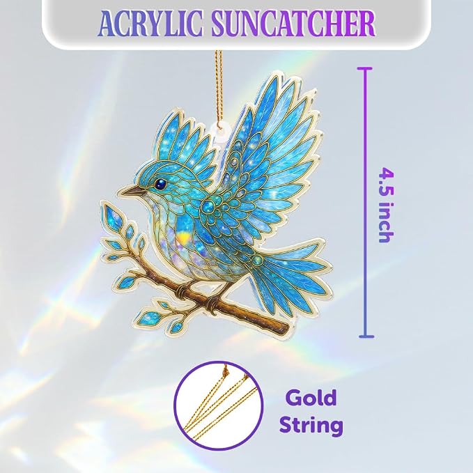 Blue Bird Stained Glass Ornament Acrylic Window Hanging Suncatcher – Bird Lover Gifts, Wildlife Animal Decor for Christmas Tree, Rearview Mirror, Garden, Home Accessories, Unique Gifts for WomenSun-17
