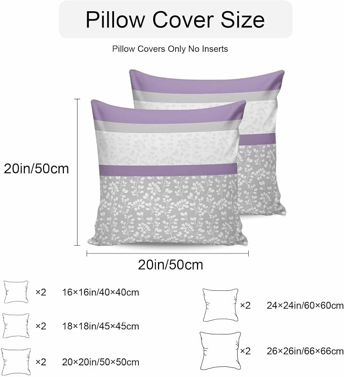 Purple Grey Stripe Stitching Outdoor Pillow Covers 18x18in Pack of 2 Waterproof Pillowcase Rustic Pastoral Flwoer Decorative Throw Cushion Case for Patio Couch Sofa