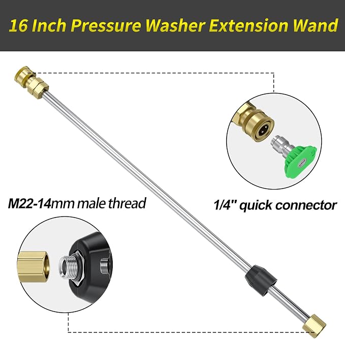 POHIR Pressure Washer Gun 3600 PSI with 3/8'' Swivel Quick Connect Extension Wand, M22 15mm and M22 14mm Fitting 30 Inch 7 Nozzle Tips, Yellow