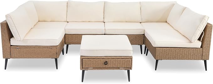 LVUYOYO 7 Pieces Outdoor Patio Furniture Set, Wicker Sectional Sofa Set for All-Weather, Rattan Conversation Sets with Cushions and Storage for Deck, Backyard, Porch (Khaki)
