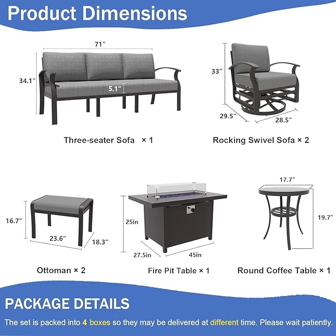 Kullavik Aluminum Patio Furniture Set,7 Piece Modern Metal Outdoor Patio Furniture w/5.1'' Thick Cushion,Swivel Chairs,Ottomans and Propane Fire Pit Table,Patio Conversation Sets for Porch,Deck,Grey
