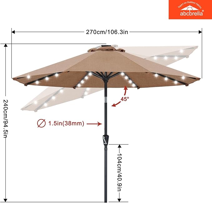 ABCCANOPY OLEFIN® 5-Year No Fading Patio Umbrella with Solar Lights (Brown)