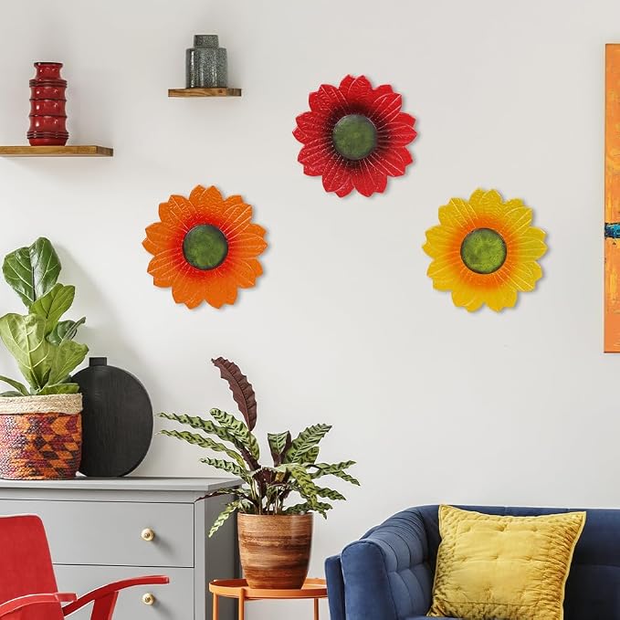 YEAHOME Sunflower Wall Decor - 9 inch Metal Flower Wall Art Decorations, Sunflower Yard Garden Decor Hanging for Kitchen, Bathroom, Bedroom,Handmade Gift for Home, Indoor or Outdoor (Set of 3)