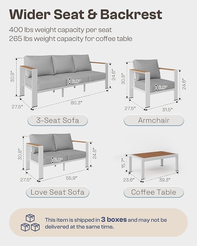Aluminum Outdoor Patio Furniture Set with Coffee Table, 4 Piece Patio Conversation Sets with Washable Thick Cushions, Patio Sectional Furniture Set for Porch, Balcony, Deck, Yard, White