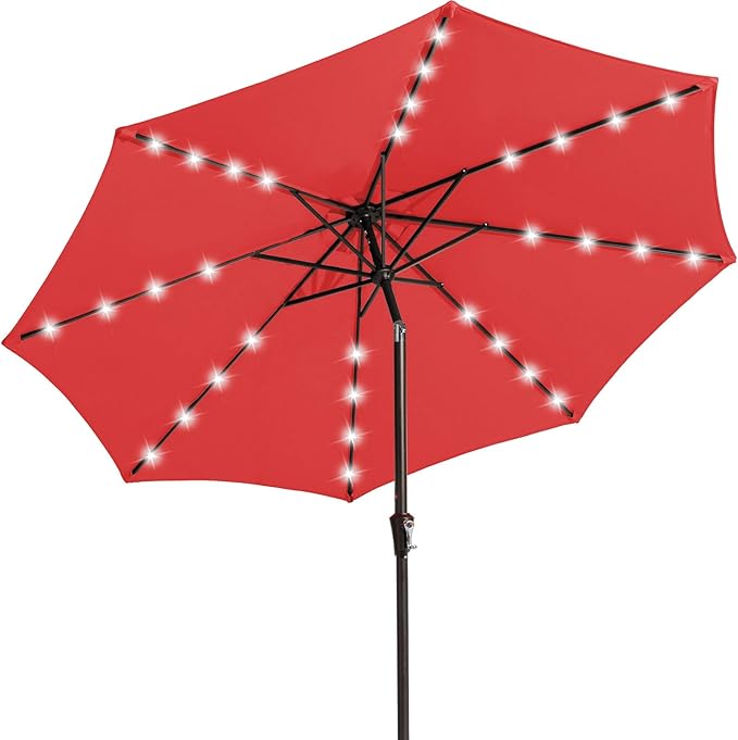 JEAREY 9FT Outdoor Patio Umbrella with Solar Lights, LED Lighted Pool Umbrella with Tilt and Crank, Outdoor Table Umbrellas for Deck, Yard & Market (Rust)