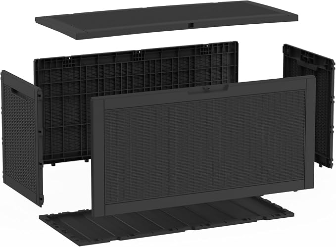 Pepe Tee Waterproof Resin Deck Box, Outdoor Storage Bin for Patio Furniture Cushions, All-Weather Garden Organizer & Seating Bench, Black