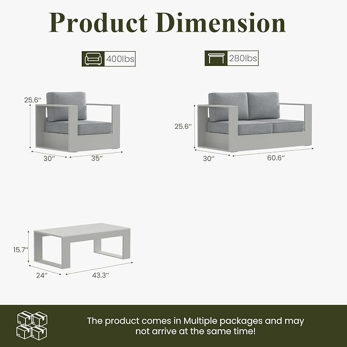 LayinSun Oversized Aluminum Outdoor Furniture Set, 4 Piece Patio Sofa Sets with Coffee Table, Deep Seating and Upgraded 6-inch Cushions for Porch, Balcony, Deck