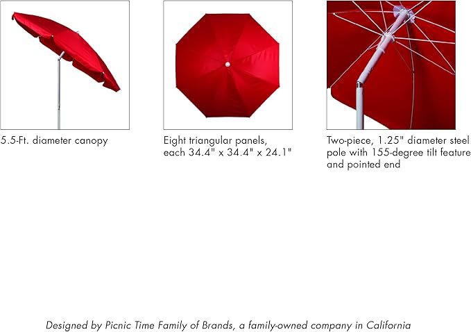 PICNIC TIME 5.5 Ft Portable Beach Umbrella, Lightweight UV Protection Sunshade with Tilt Pole & Carry Bag, Outdoor Canopy Umbrella for Beach, Sand, Pool, Patio, Camping, Travel, or Backyard Shade, (Blue & White Stripe)