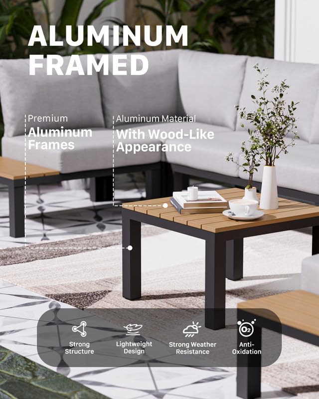 ZANDOR Aluminum Outdoor Patio Furniture Set, Movable Backrest Modular Sectional Sofa Set, Metal Conversation Set with 4-inch Thick Cushion for Garden Backyard Porch, 2 Side Table Sofas, Grey