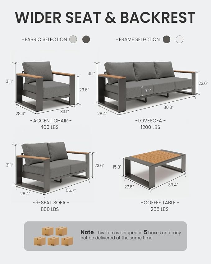 Oversized Aluminum Patio Furniture Set, 5 Pieces Luxury Outdoor Furniture Set with 7.1" Extra Thick Cushion, Modern Outdoor Sectional with Coffee Table for Porch, Garden and Deck, Graphite
