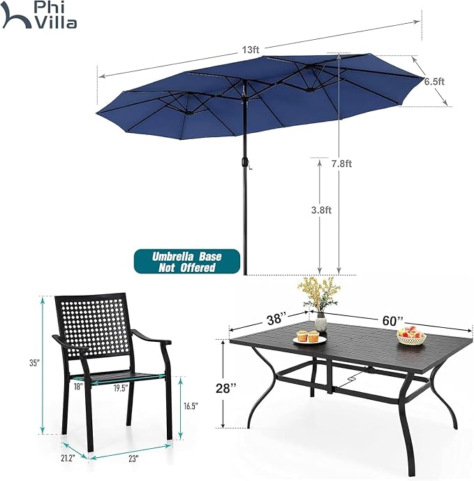 PHI VILLA Outdoor Table Chairs Set w/Umbrella, Patio Metal Furniture for 6 | 60" wrought iron rectangle table & stackable chairs w/ cushions. 13ft blue umbrella. 7 pcs furniture set for deck, porch