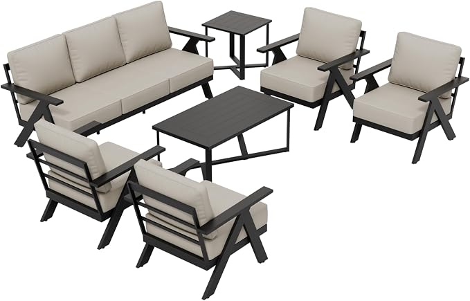 COOS BAY Iron Luxe 7 Piece Outdoor Patio Furniture Set, Modern Patio Conversation Set with 4 Patio Chairs, a 3 Seat Couch, Coffee Table & Side Table for Deck, Garden, Porch, Black/Beige