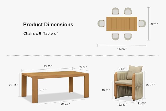 PURPLE LEAF Outdoor Dining Set for 6 with Blended Olefin Cushion Aluminum Luxury Patio Furniture Table and Chairs Set All Weather Wicker Patio Dining Sets for Backyard Garden Deck Poolside, Teak