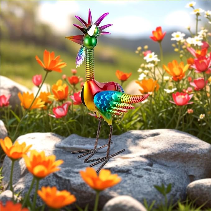 Metal Wacky Rooster Garden Statue for, Patio, Backyard, Lawn | 18'' Rooster Decor, Yard Statue Decorations Outdoor, Chicken Yard Art, Colorful