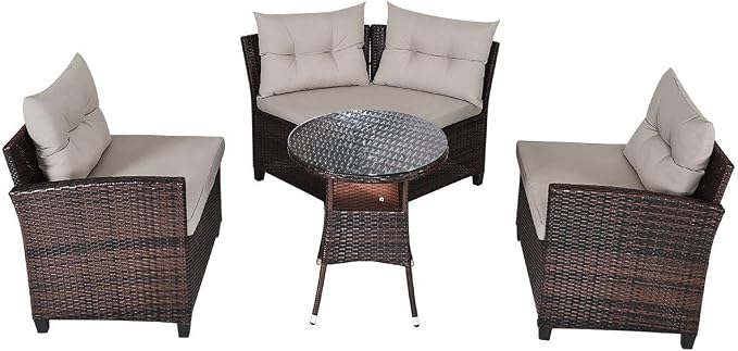 Tangkula 4-Piece C Shape Patio Furniture Set, Outdoor Corner Wicker Rattan Sectional Cushioned Sofa Set, with Glass Coffee Table, for Garden Poolside Balcony (Beige)