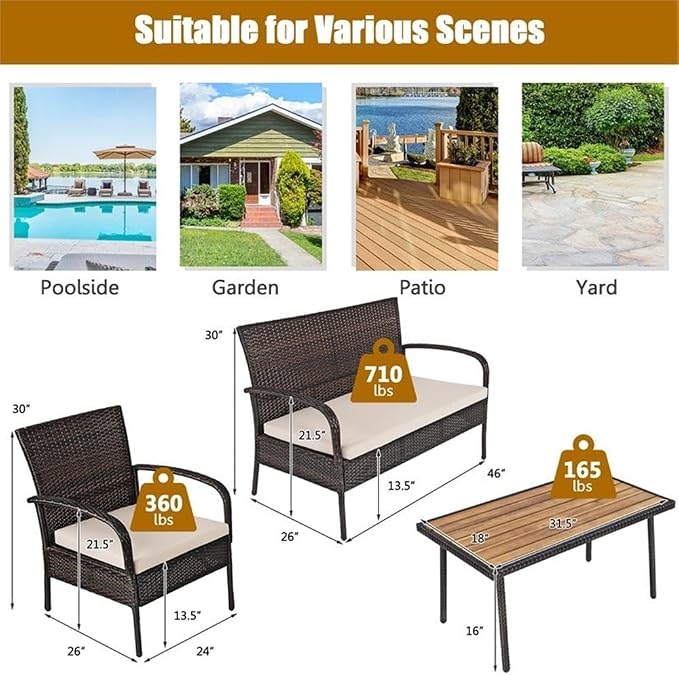 Pemberly Row 4-Piece Patio Rattan Furniture Conversation Set, Brown PE Wicker and Steel Frame, Acacia Wood Table, Ergonomic Design with Cushions, Indoor or Outdoor Seating for Garden or Patio Use