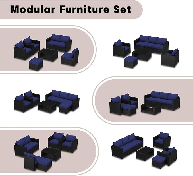 7 Piece Outdoor Patio Furniture Set with Wicker Sectional Sofa, Ergonomic Armrests Couch, Cushions Included and 2-Tier Tempered Glass Coffee Table for Conversation Sets on Deck Backyard Porch