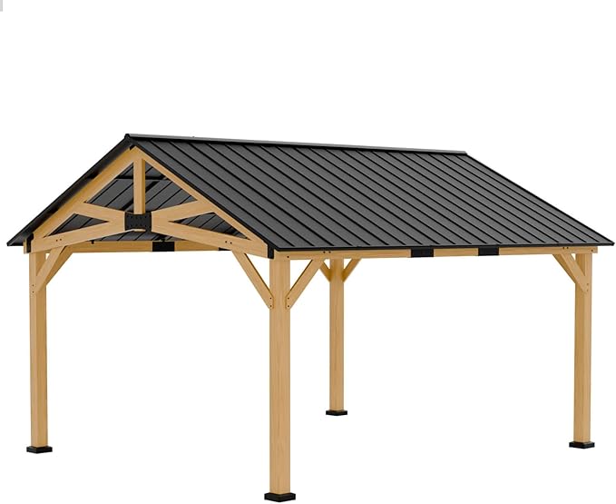 EAGLE PEAK 13x15 Hardtop Gazebo, Exposed Beam Rustic Gazebo, Galvanized Steel Gable Roof with Cedar Wood Frame, Outdoor Pavilion for Patio, Deck, Lawn and Garden Natural Wood/Black
