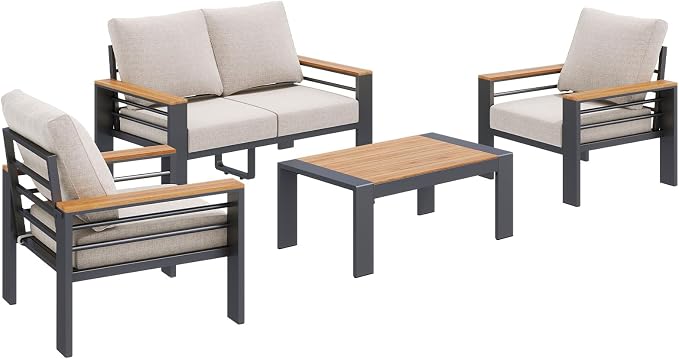 Aoxun Patio Furniture Set, 4 Piece Aluminum Patio Sets with 5" Thicken & Washable Cushion, Waterproof Outdoor Furniture with Coffee Table, Outdoor Couch Sectional for Backyard, Porch and Garden
