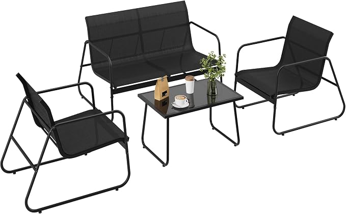 4 Piece Patio Conversation Set Textilene, Outdoor Conversation Set with Single Chairs and Glass Top Coffee Table, One Love Seat, Two Single Chairs and One Table