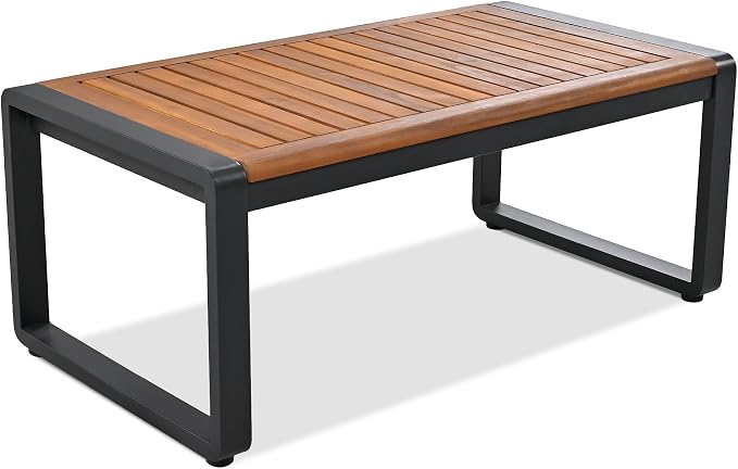 SOFTSEA 4-Piece Outdoor Patio Conversation Set with Coffee Table, Acacia Wood Patio Sofa Set with Thick Cushions & Metal Legs, All-Weather Patio Furniture Set for Backyard Garden Deck, Gray