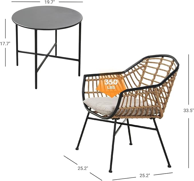 Grand patio Patio Furniture Set, Outdoor Wicker Patio Conversation Seating Chair with Cushions and Coffee Table, Boho Seating Chat Set for Indoor Outdoor, Balcony, Porch, Garden, Deck