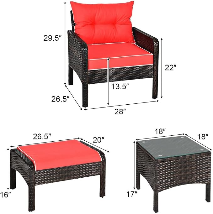 5 PCS Patio Rattan Furniture Set Sofa Ottoman Table Cushioned Yard Red