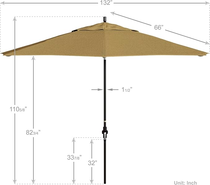 California Umbrella 11Ft Premium Sunbrella Patio Umbrella, Hand-Crank, Tilt-Collar, Bronze Frame, Heather Beige Fabric