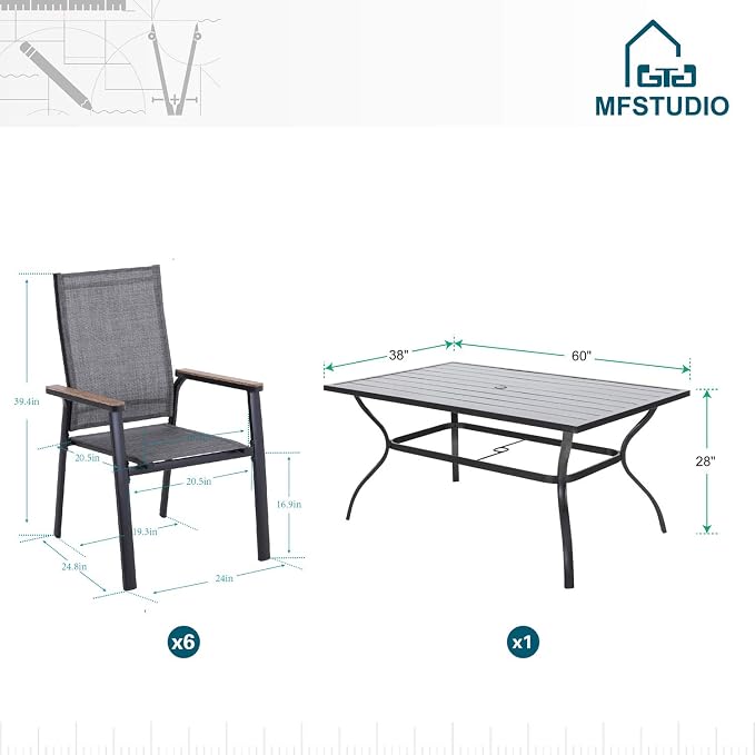 MFSTUDIO 7 PCS Patio Dining Set with 6 Stacking Aluminum Armchair(Grey) and 1 Rectangular Heavy Duty Table, Patio Dining Table and Chairs Set, Patio Dining Furniture Set for 6