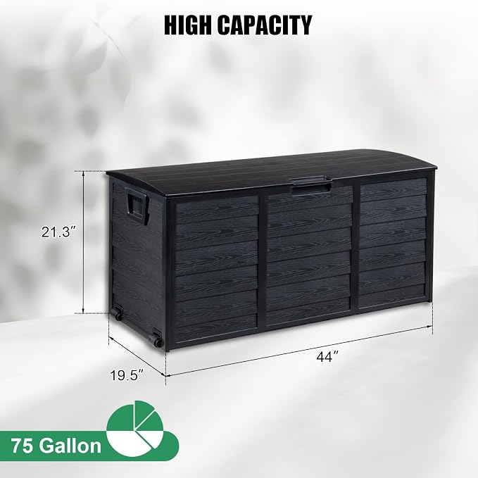 VINGLI 75 Gallon Outdoor Storage Box, Patio Deck Box Furniture with Rolling Wheels, Plastic Storage Containers with Lockable Design, For Garden, Yard, Balcony (All Black)