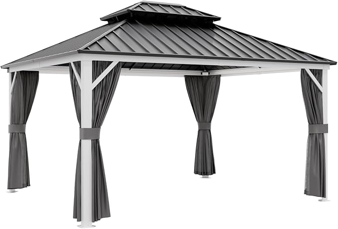 EAGLE PEAK 12x14 Hardtop Gazebo, Galvanized Steel Double Roof with Aluminum Frame, Outdoor Pavilion with Netting and Curtains for Patio, Deck, Lawn and Garden, White/Gray