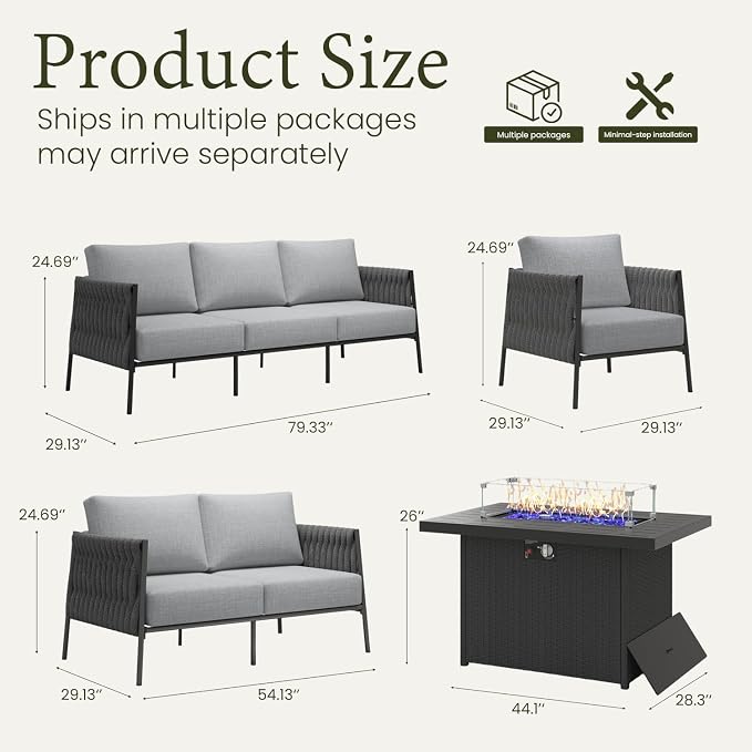 LayinSun 5 Piece Outdoor Furniture Set with Fire Pit Table, Modern Rope Woven Patio Conversation Sofa Set with Olefin Braid and Deep Seating