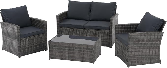 JOIVI 4 Piece Outdoor Patio Furniture Set, All-Weather Wicker Patio Conversation Set, PE Rattan Sofa Set with Loveseat Chair and Tempered Glass Coffee Table, Dark Gray
