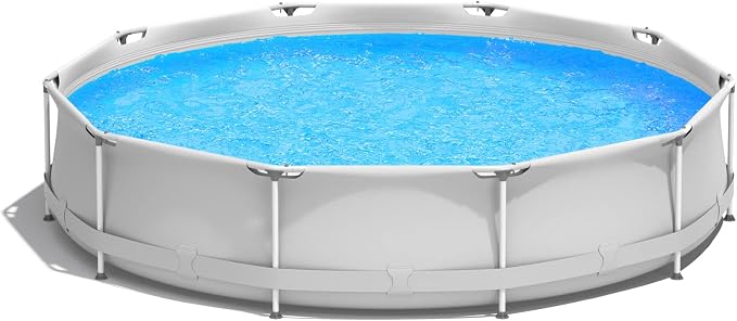 Goplus Above Ground Swimming Pool, 12ft x 12ft x 30inch Outdoor Steel Frame Pool W/Pool Cover, Reinforced Steel Frame, Round Swimming Pool for Backyard, Garden, Patio, Balcony (Gray)
