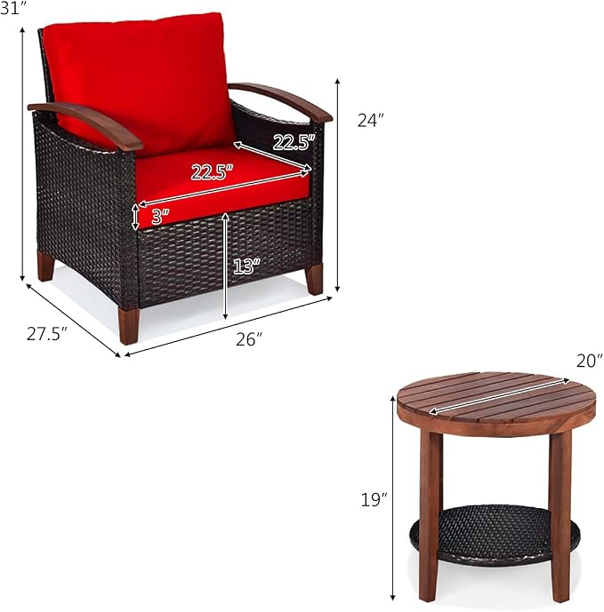 HAPPYGRILL 3 Pieces Patio Conversation Set Outdoor Rattan Wicker Sofa Set with Cushion and Acacia Wood Frame Table and Chairs Set for Garden Poolside Balcony
