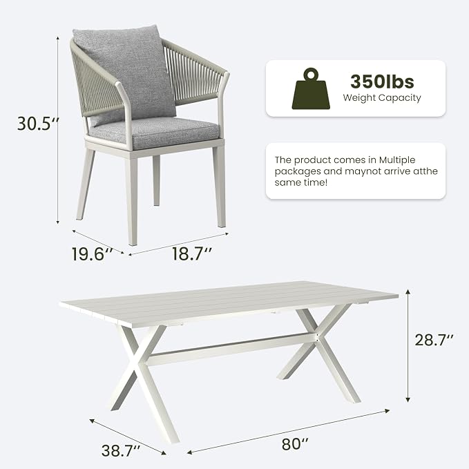 LayinSun 9 Piece Outdoor Dining Table Set, Aluminum Modern Rectangular Dining Table and All-Weather Wicker Chairs Set for Patio Deck Indoor Decor Kitchen