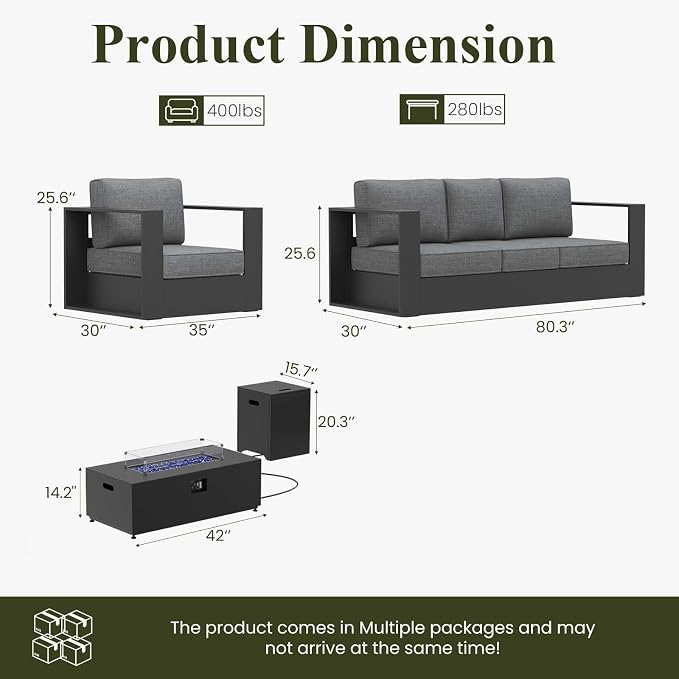 LayinSun Oversized Aluminum Outdoor Furniture Set, 4 Piece Patio Sofa Sets with Fire Pit Table, Deep Seating and Upgraded 6-inch Cushions for Porch, Balcony, Deck